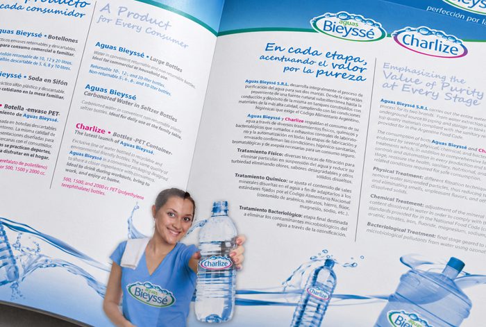 Folleto bilingüe de Aguas Bieyssé y Charlize con presentación de productos y procesos de tratamiento