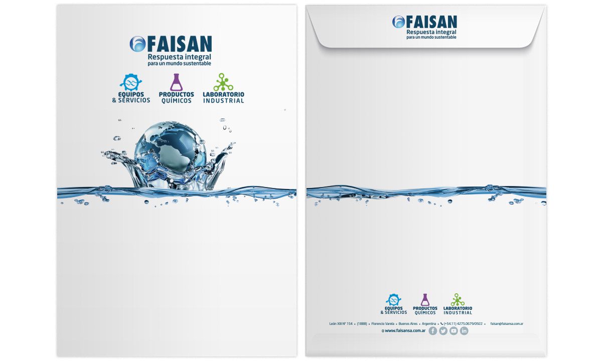 Frente y dorso de sobre corporativo Faisán con identidad visual e imagen de agua