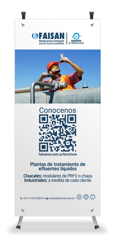 Banner de Faisán sobre plantas de tratamiento de efluentes líquidos, con código QR al brochure