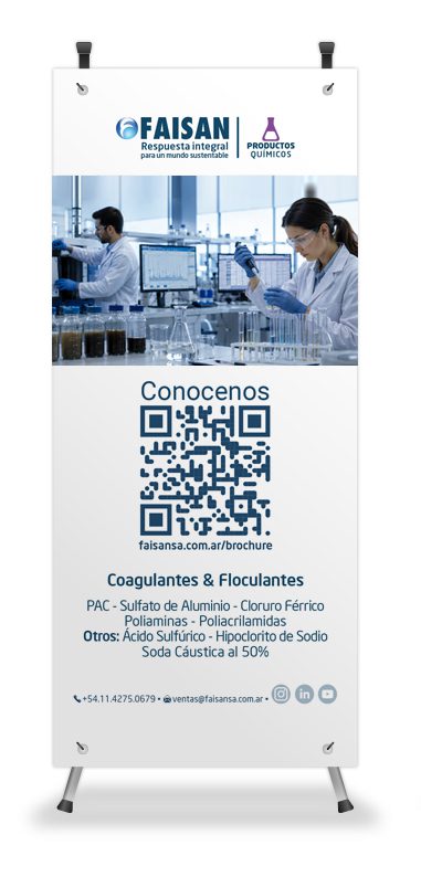 Banner de Faisán sobre coagulantes y floculantes, con código QR al brochure
