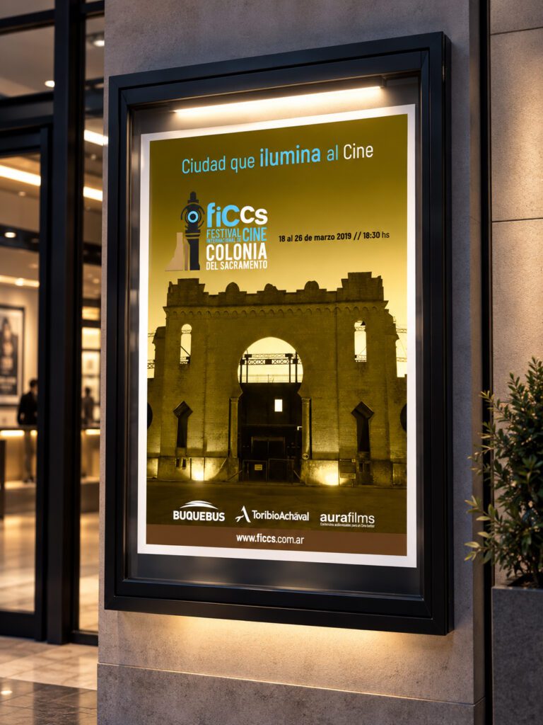 Afiche del FICCS, Festival Internacional de Cine de Colonia del Sacramento, con arco iluminado