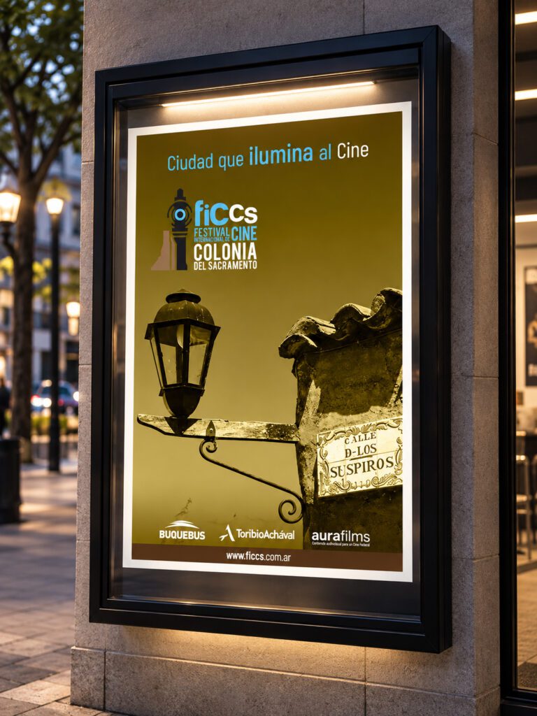 Afiche del FICCS, Festival Internacional de Cine de Colonia del Sacramento, con farol y Calle de los Suspiros