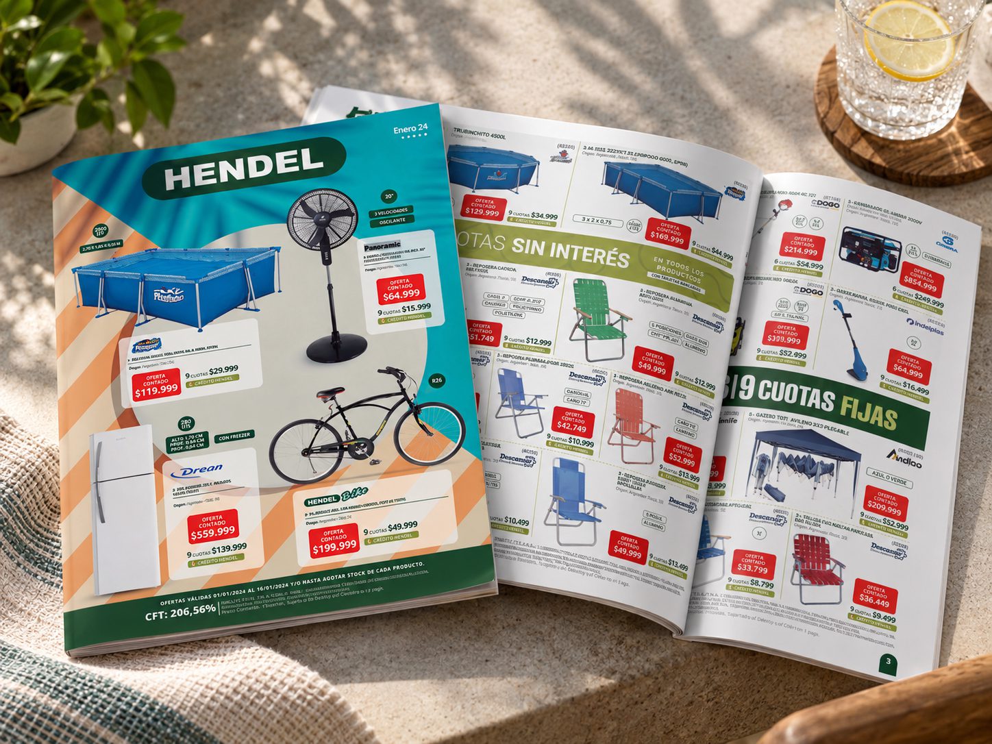 Catálogo de ofertas Hendel con portada turquesa y páginas de productos