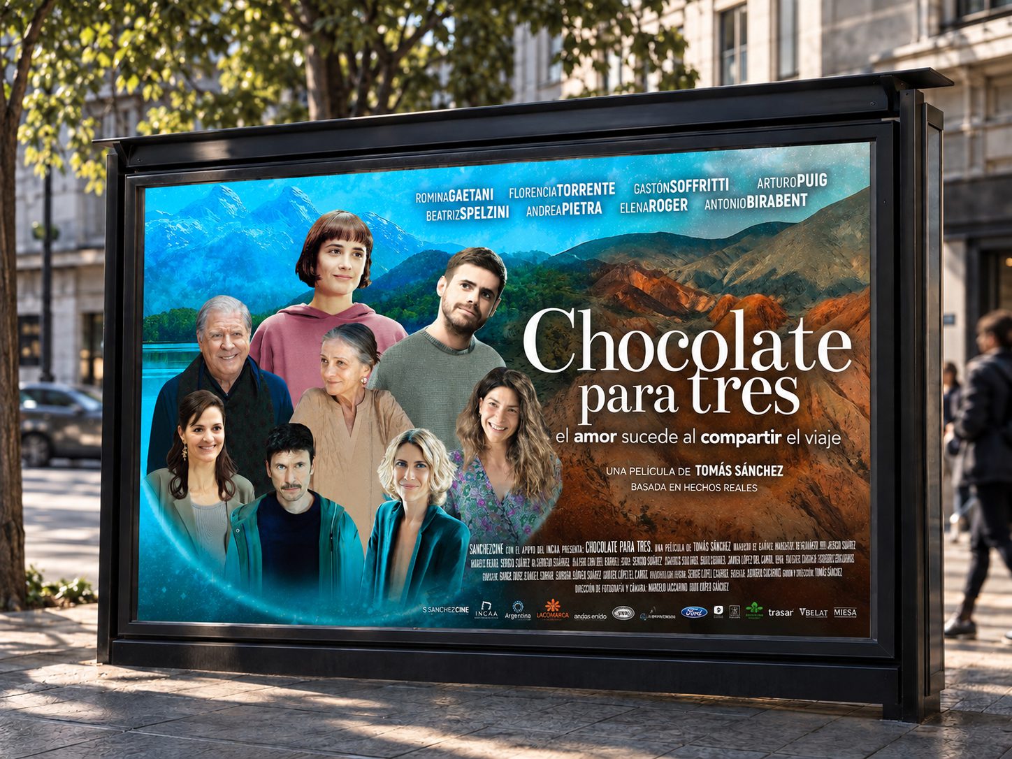 Afiche horizontal de Chocolate para tres aplicado en vía pública