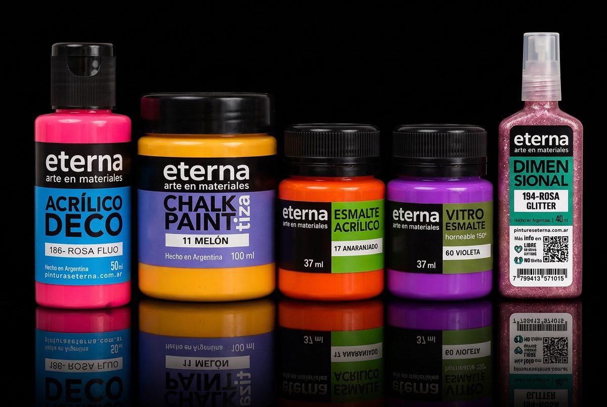 Envases y etiquetas de las líneas Acrílico Deco, Chalk Paint, Esmalte Acrílico, Vitro Esmalte y Dimensional de Eterna