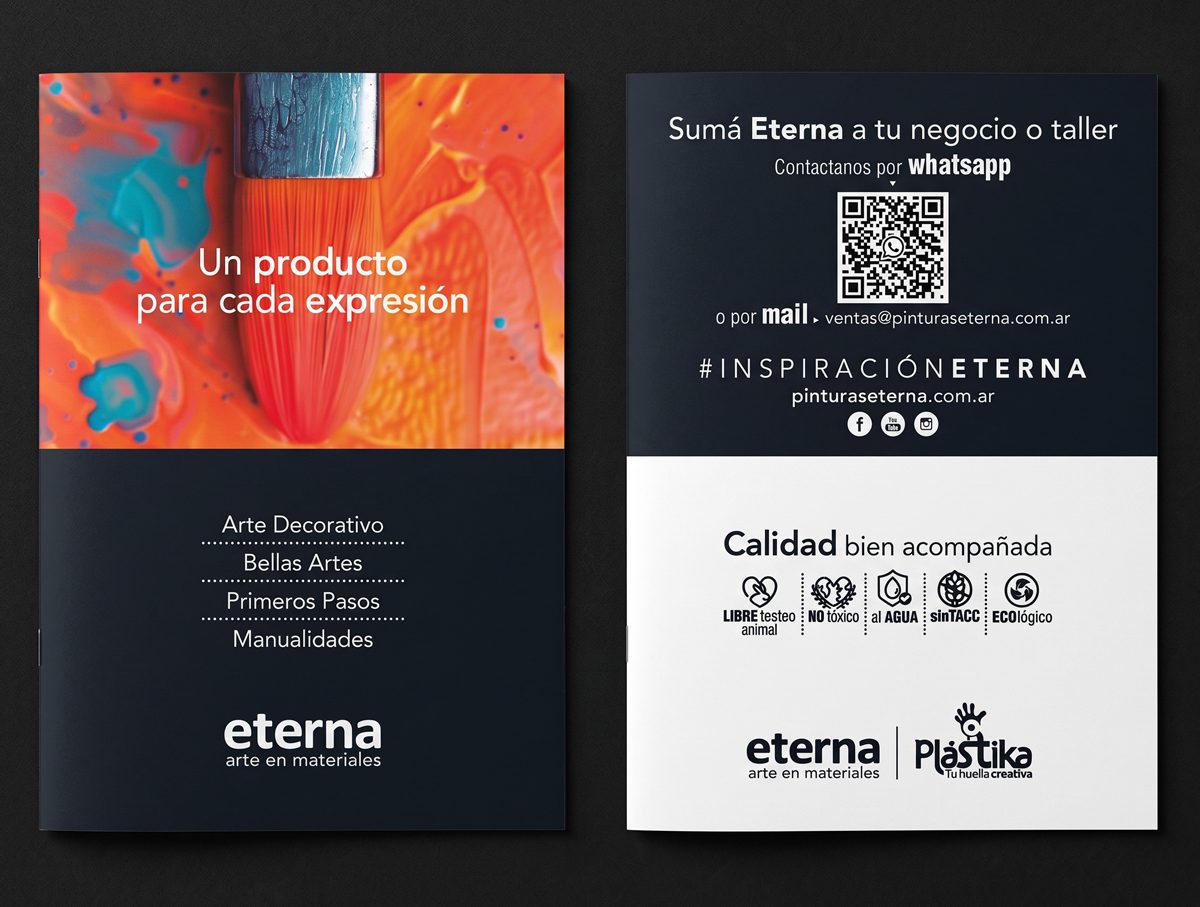 Frente y dorso del folleto Eterna «Un producto para cada expresión», con líneas de productos y datos de contacto