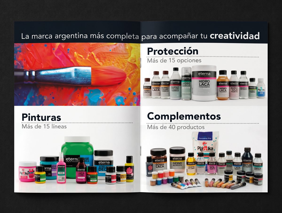 Interior del folleto Eterna con las familias de pinturas, productos de protección y complementos para arte