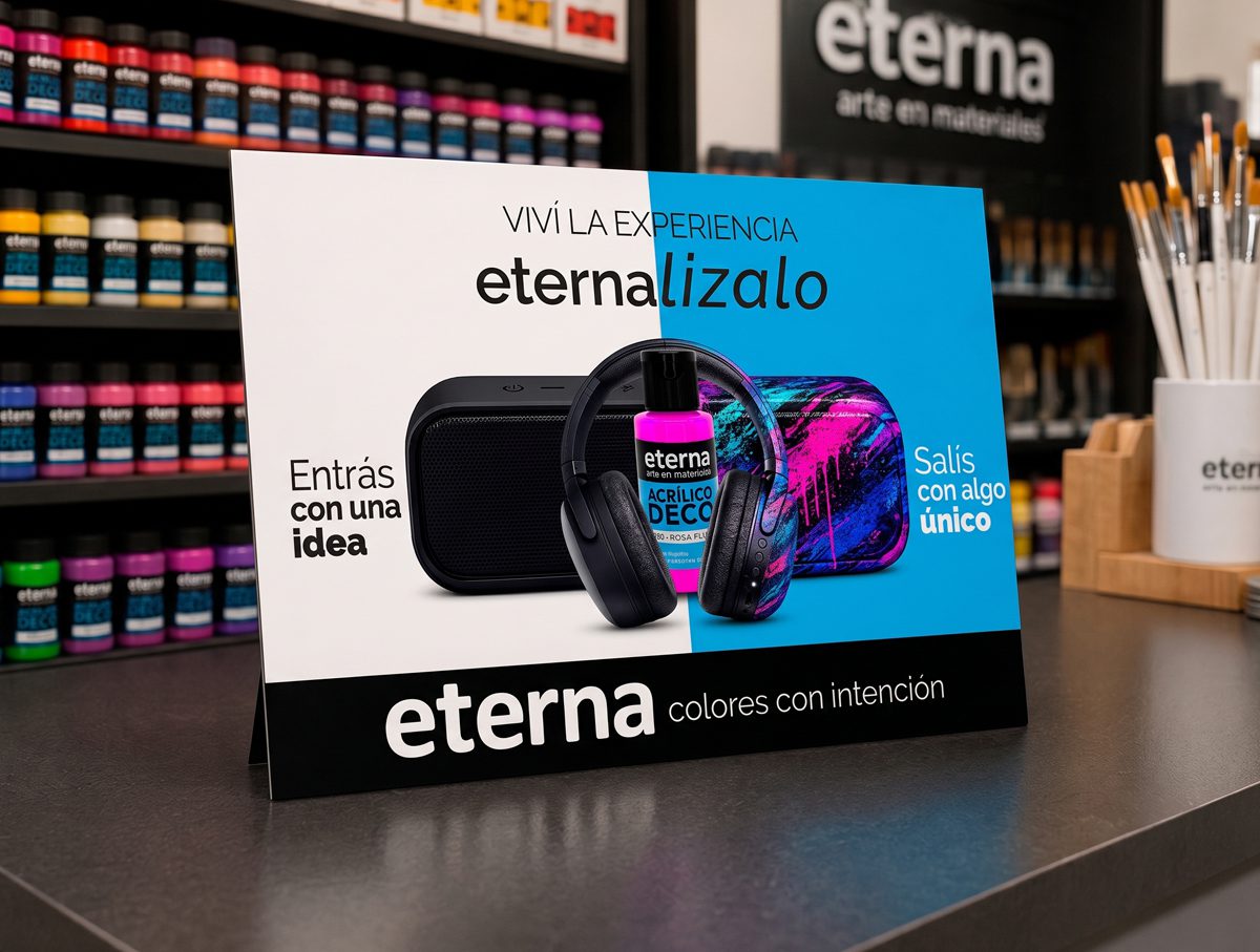 Cartel de mostrador Eterna «eternalizalo», con auriculares y un parlante intervenidos con Acrílico Deco