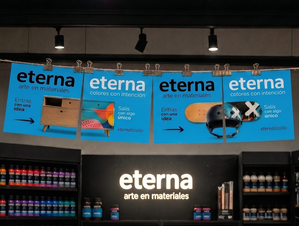 Banderines de Eterna para punto de venta, con muebles, una patineta y un casco antes y después de intervenirlos