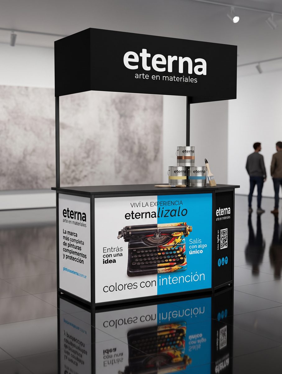 Módulo de exhibición Eterna con cabecera de marca, mostrador y gráfica de la campaña «eternalizalo»