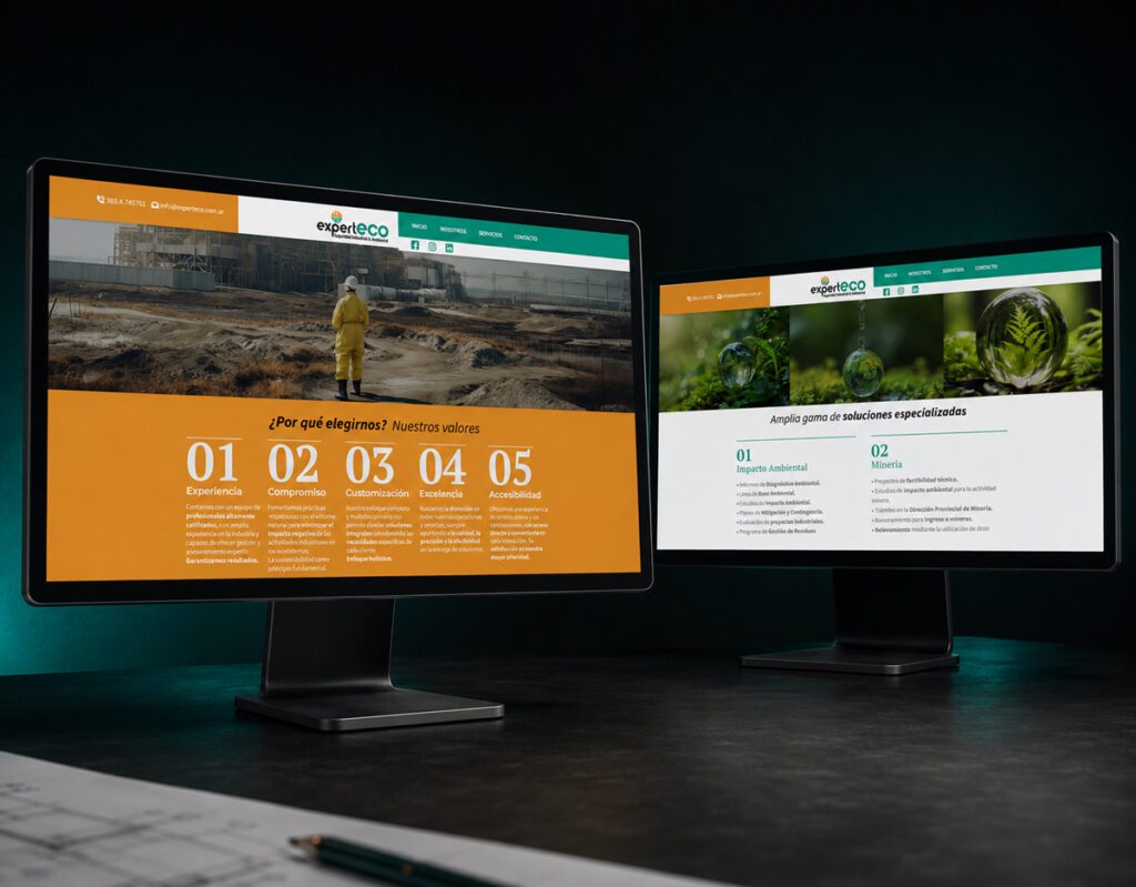 Pantallas del sitio Experteco con sus valores y servicios, presentadas en dos monitores