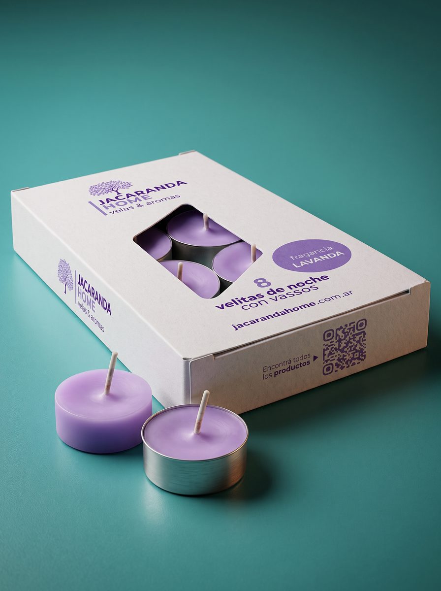 Diseño de packaging para velitas de noche Jacarandá Home