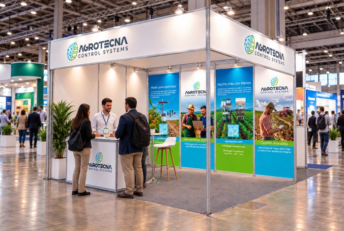 Stand de Agrotecna Control Systems con identidad de marca y paneles sobre soluciones para el agro