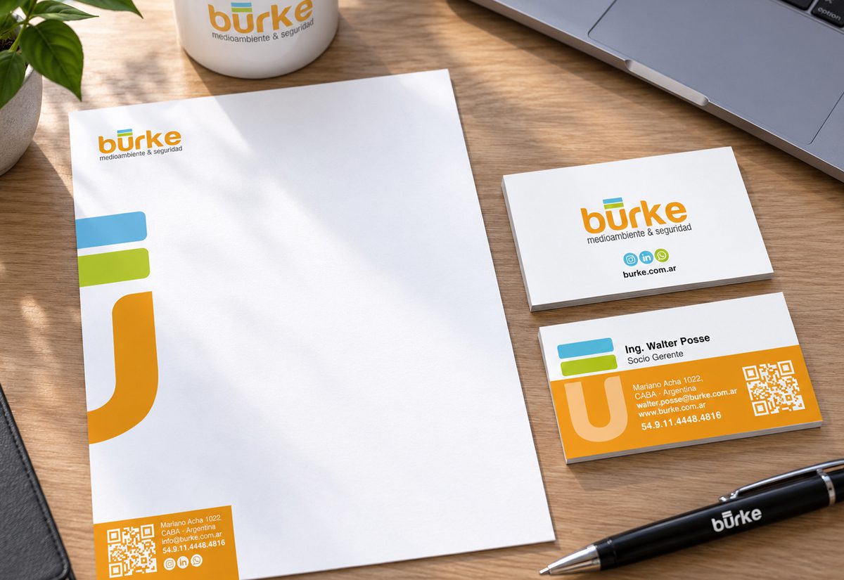 Identidad visual de Burke aplicada a papelería corporativa y tarjetas personales